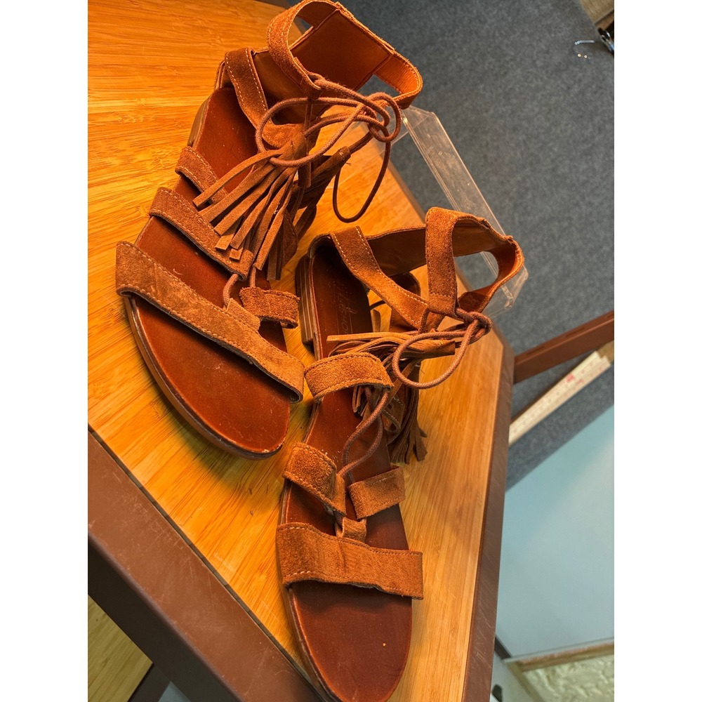 Topshop Arcadia Tan Suede Fringe Gladiator Lace‎ Up Sandals Womens 40 US 9 Boho